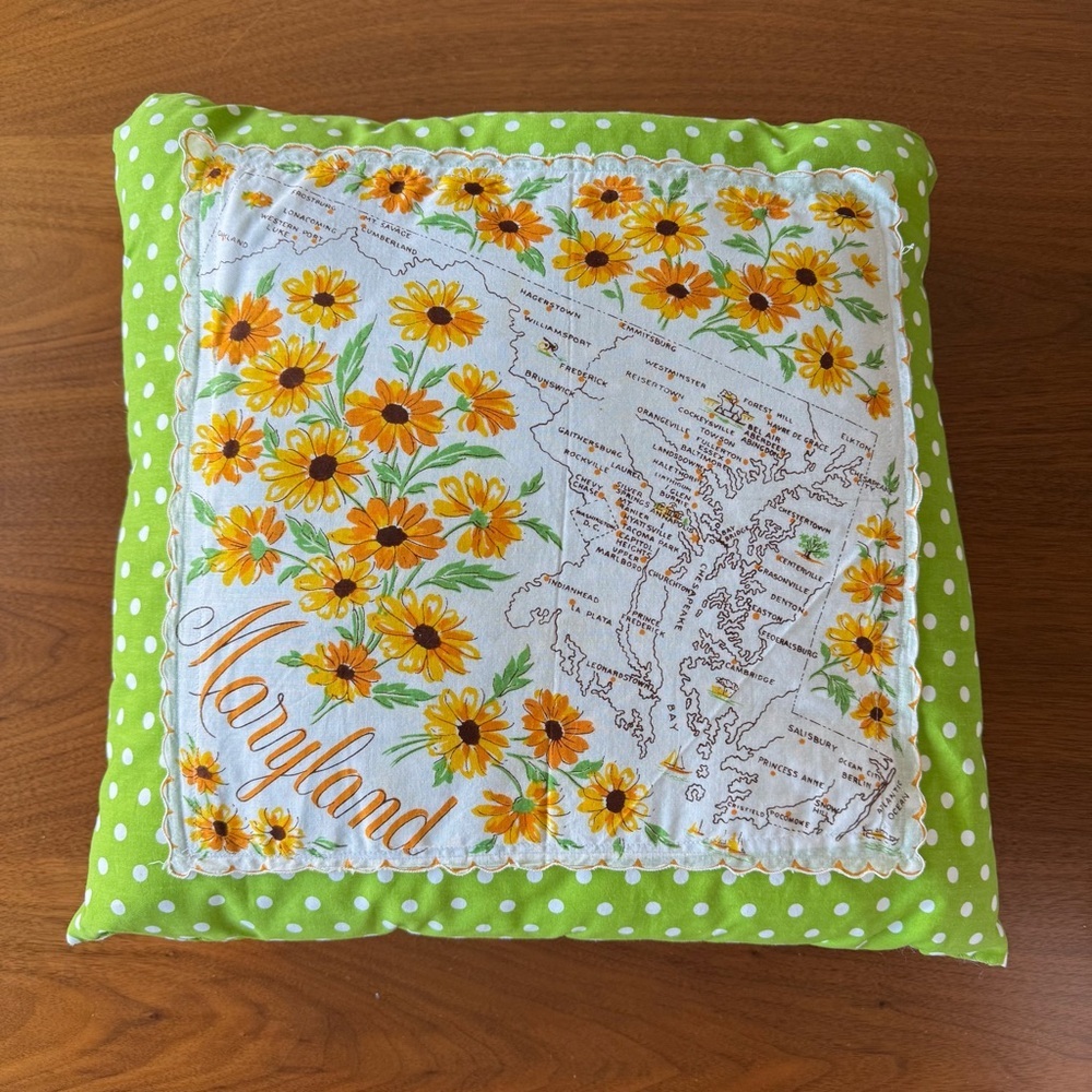 Vintage Maryland Handkerchief Pillow Shabby Chic Retro Country Cabin Decor